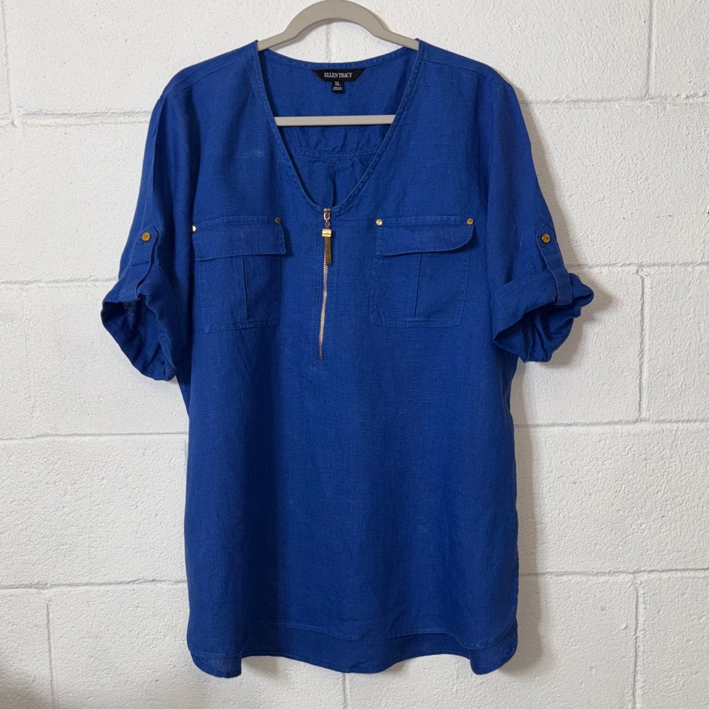 Ellen Tracy Blue Casual Linen Zipper Down Shirt